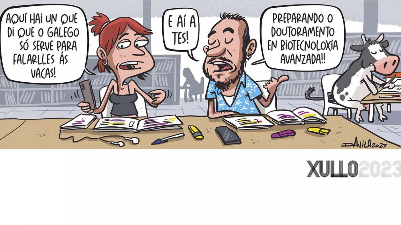 As viñetas de Luis Davila denuncian, no almanaque de 2023 da ANL, os prexuízos que persisten sobre o uso do galego o eido universitario