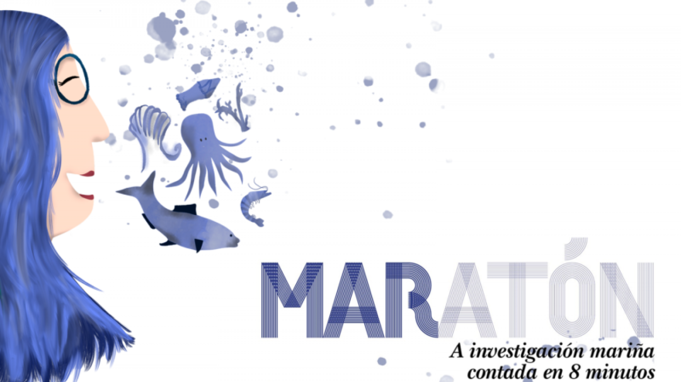 Cartel que promociona o curso de divulgación de investigación mariña "MARatón"