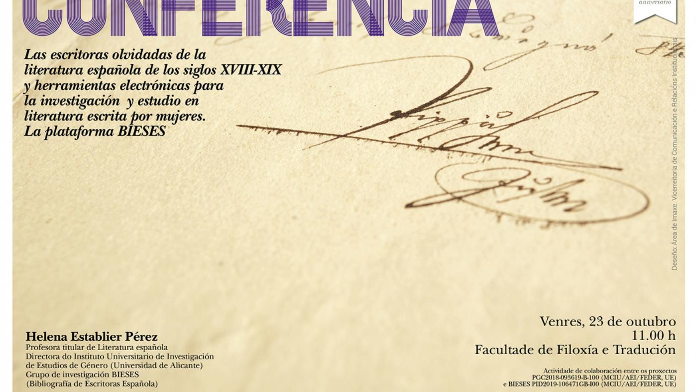 Cartel da conferencia de Elena Establier Pérez sobre as escritoras olvidadas dos séculos XVII-XIX