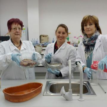 As investigadoras María Álvarez Lires, María Lorenzo e Azucena Arias, xunto aos elementos empregados para a salga