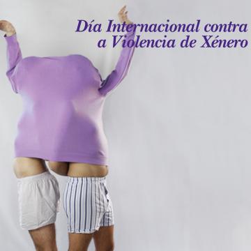 Imaxe de dous homes metidos nun xersei lila para difundir o Día Internacional contra a Violencia de Xénero