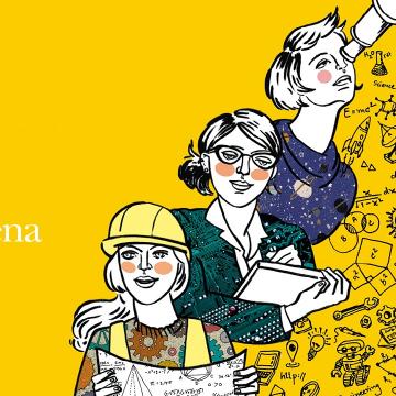 Cartel amarelo do Día da Muller e da Nena na Ciencia 2021
