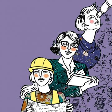 Cartel lila coa ilustración de tres mulleres científicas